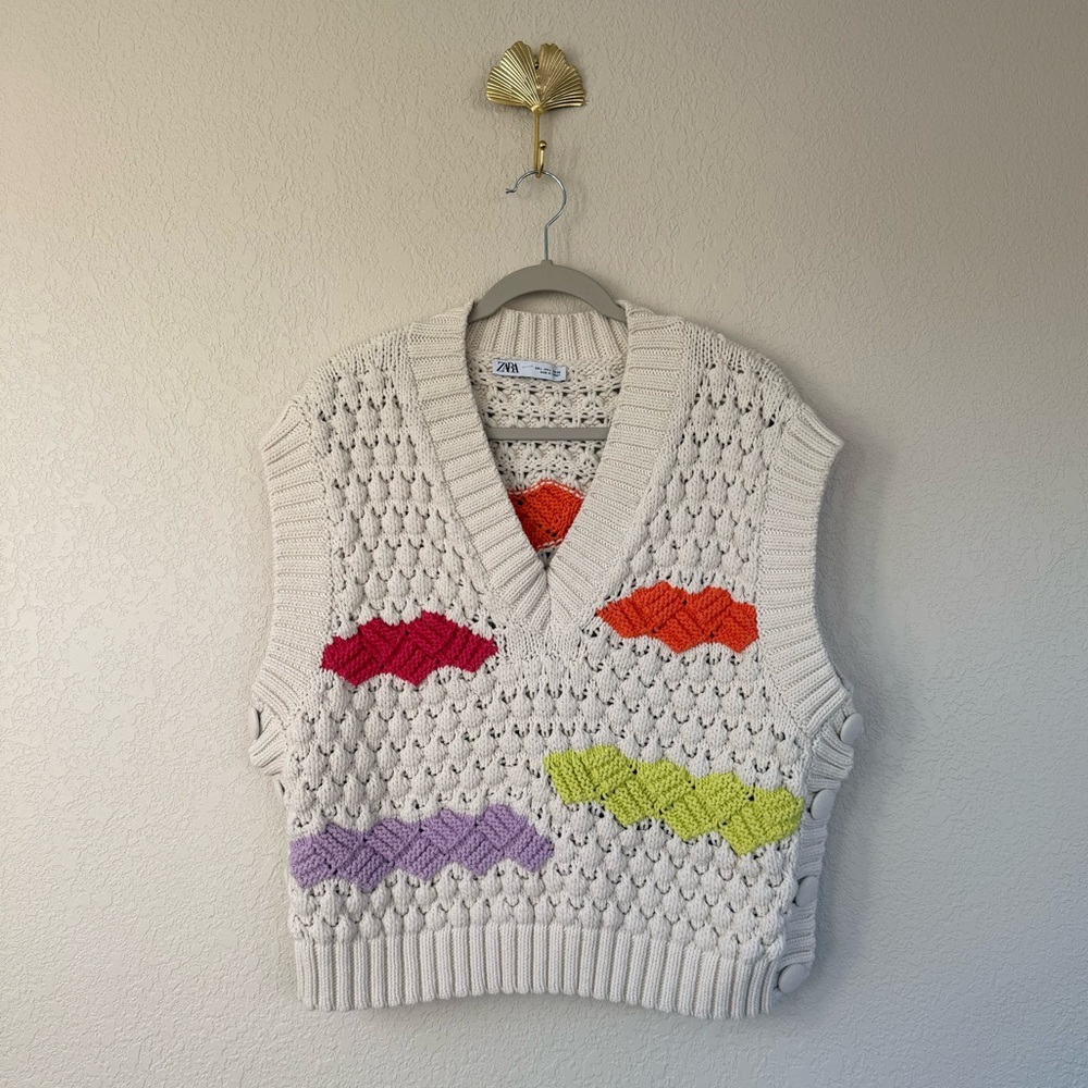 Zara Womens Multicolor Chunky Knit V-Neck Sleeveless Sweater Vest Size Large - Picture 5 of 14